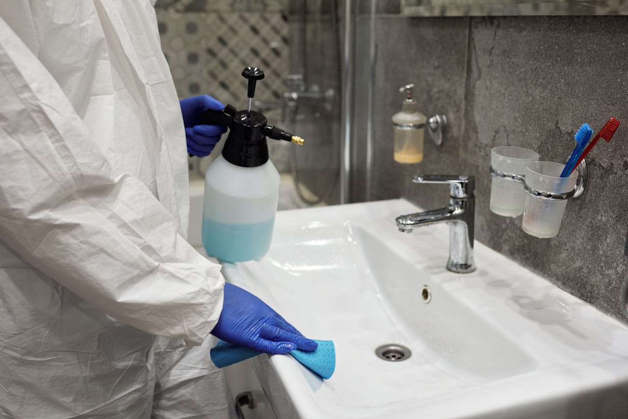 about-img-01 A person sanitizing a bathroom sink with a spray bottle, ensuring hygiene.